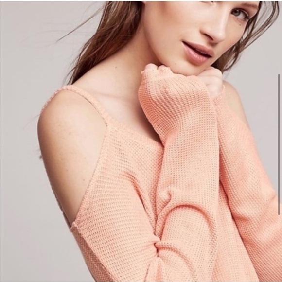 Anthropologie Deletta Millipa Peach Oversized Boho Cold-Shoulder Knit Sweater - Picture 2 of 13